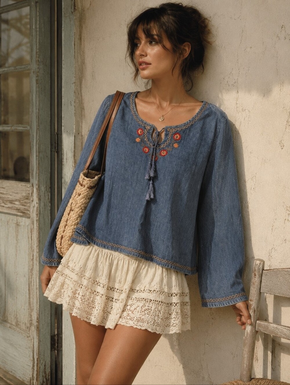 Erika Denim Peasant Top Womens XL Embroidered Floral Tie Neck Boho Blue Cotton